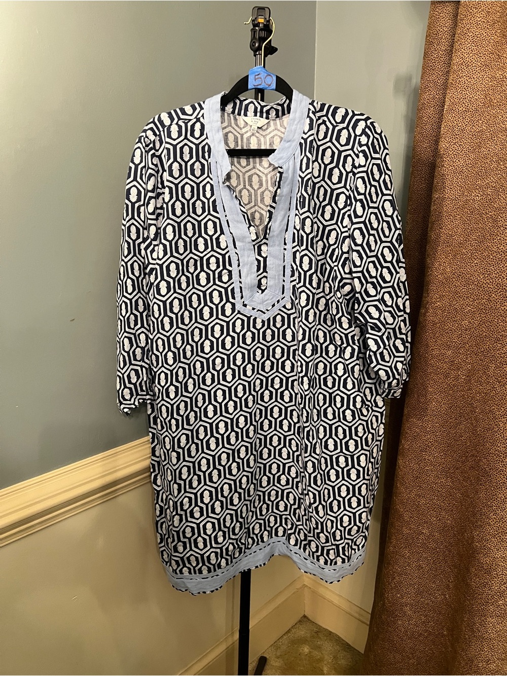 crown & ivy Navy and White Geometric Tunic with Light Blue Trim linen - Picture 1 of 4